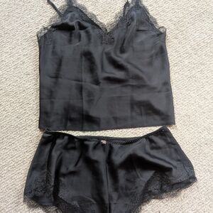 Victoria's Secret Black Satin Lace Chemise Set